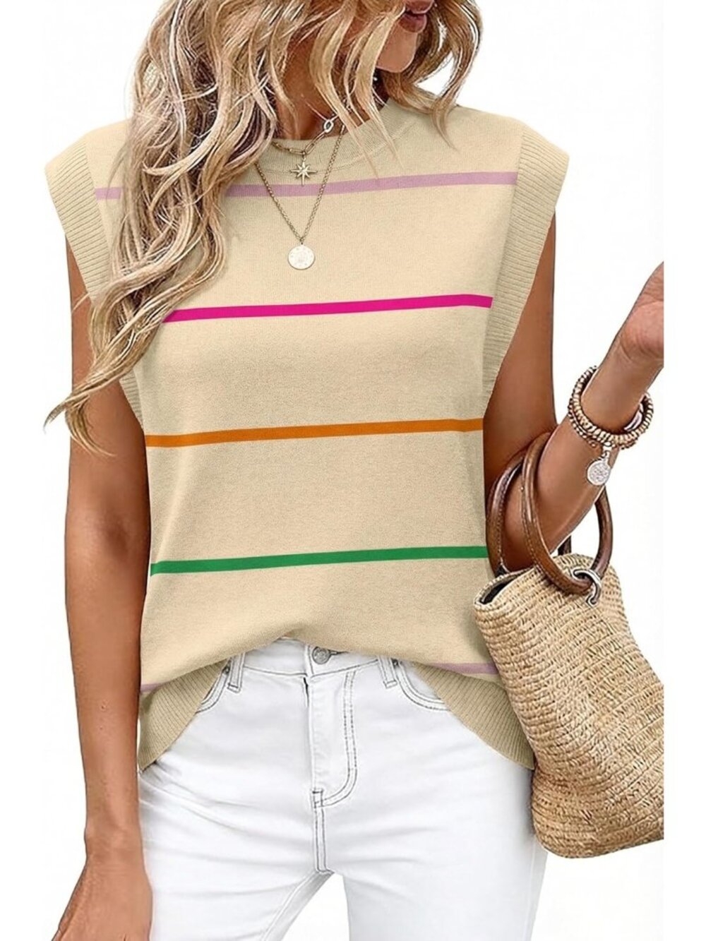 Women's Apricot Crew Neck Cap Sleeve Tank Tops Business Casual Outfit T Shirts